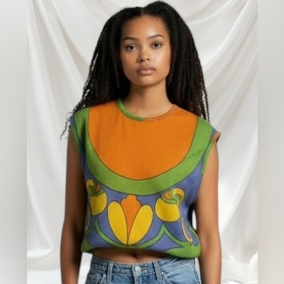 lady van heusen Tops - Vintage Lady Van Heusen Colorblock 70’s Sleeveless Floral Mod Mid So Cool